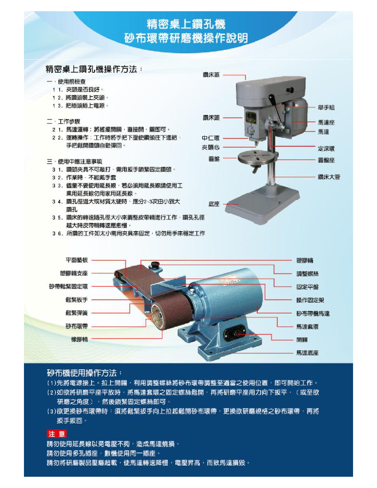 志韋鉆床和砂帶機(jī)使用說明